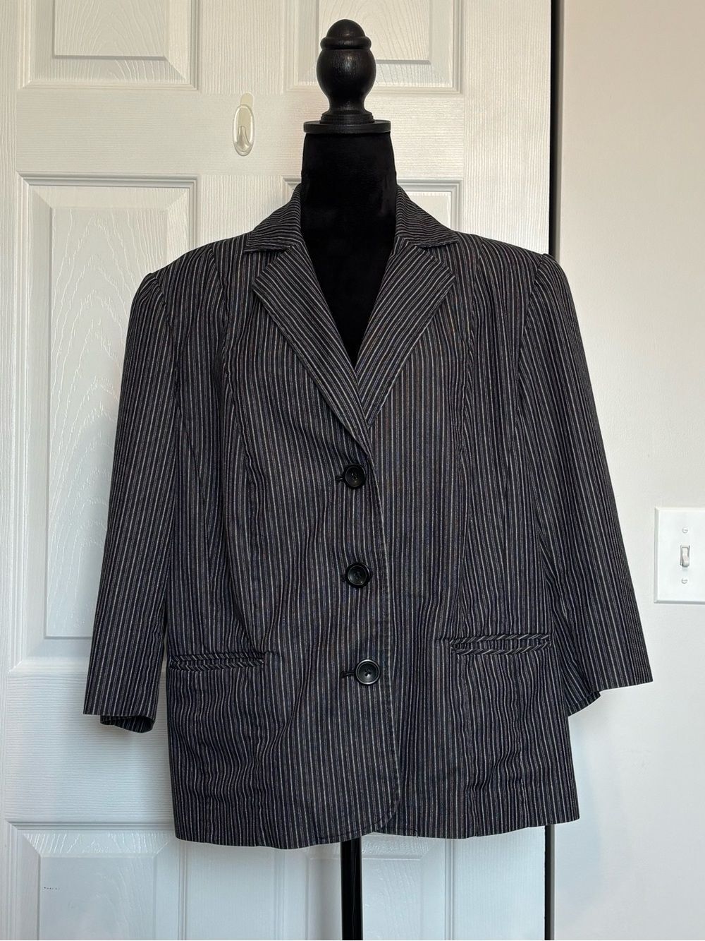 Dressbarn Striped 3/4 Sleeve Blazer in Black and White 3-Button Pads Women’s 16W